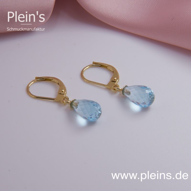 Preview: Ohrringe Blautopas Tropfen facettiert, Gold